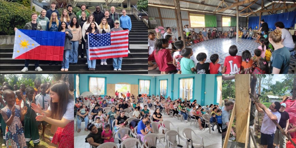 Missions Trips collage. team holding flag. Filipino children playing, girl with child in Uganda, Salvadoran church, construction in Honduras.