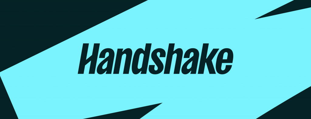 Handshake logo on blue and black background.