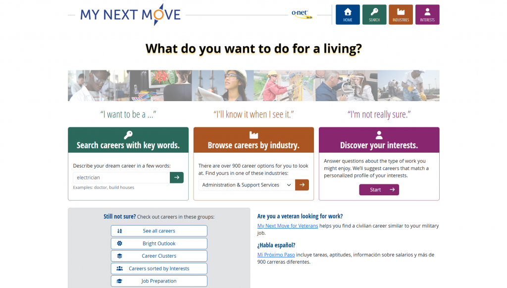 My Next Move: Homepage view