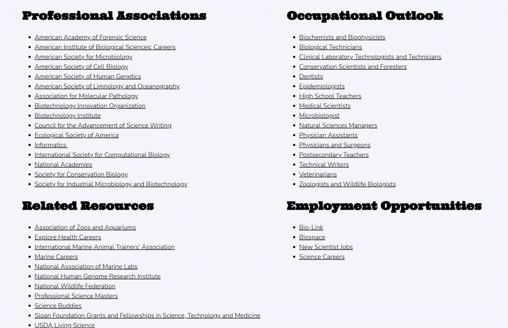 An example of resources and professional associations for the Biology major 