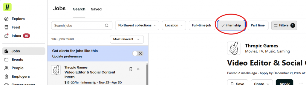 A screenshot of Handshake, showing how to select the "Internship" Filter.